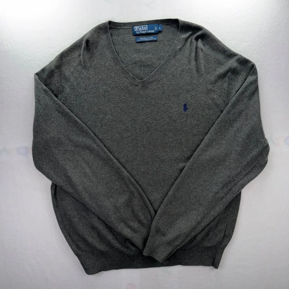 Polo Ralph Lauren Mens L Gray V Neck Sweater Knit Mem Pima Cotton Pullover vtg